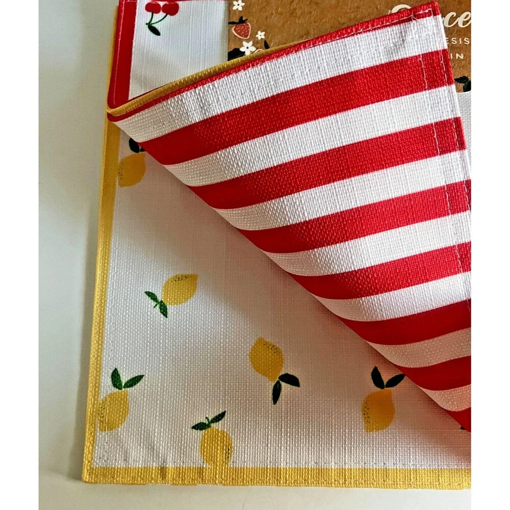 Fruit Banana Cherries Reversible Stripe Indoor Outdoor Placemats Set of 4 Summer